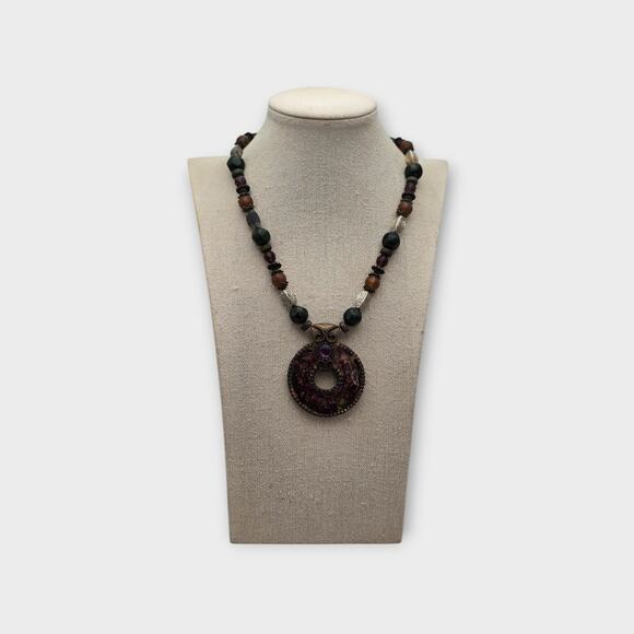 Chico’s Boho Beaded Statement Necklace with Round Pendant Purple Gem - Picture 4 of 8